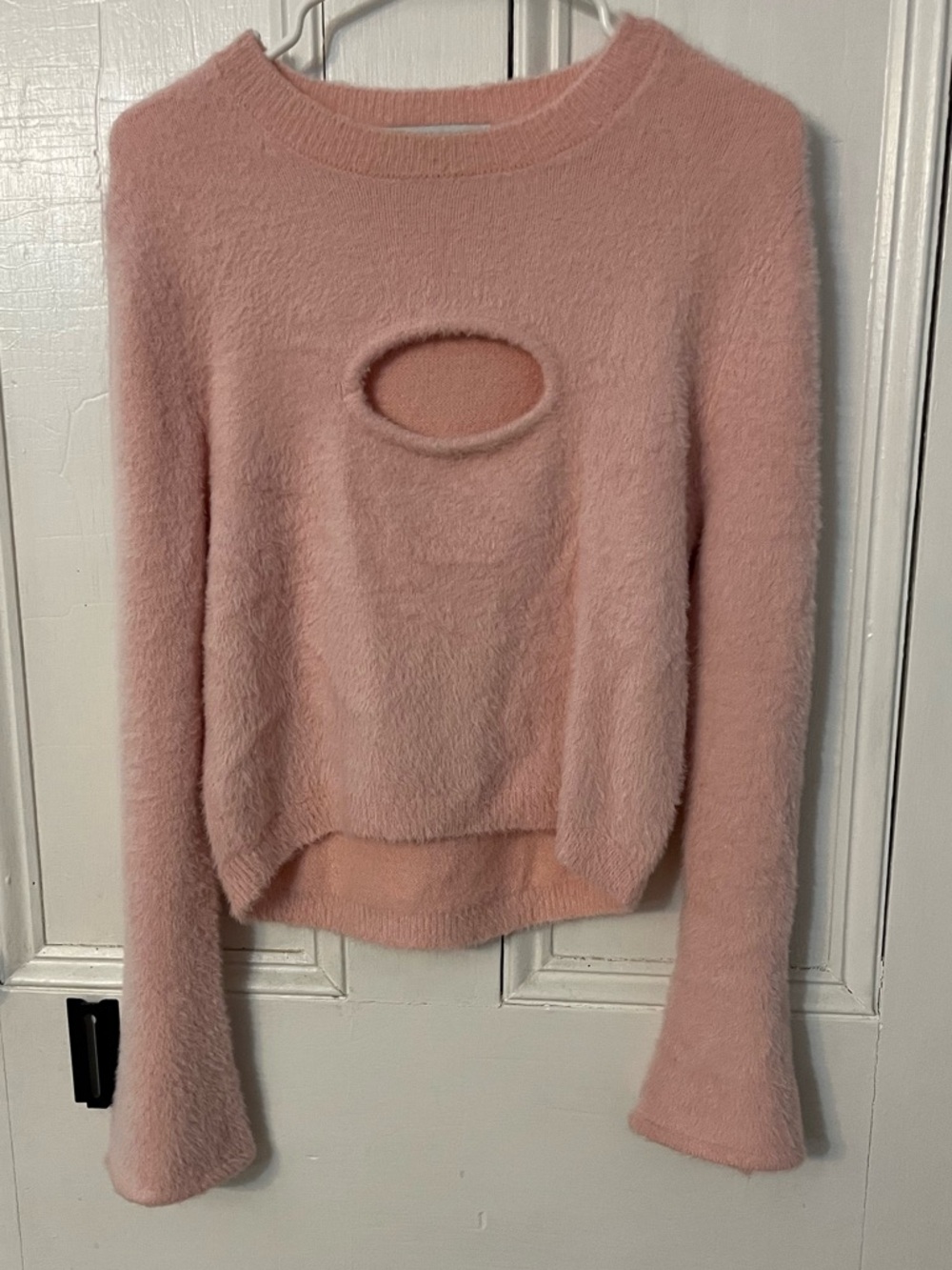 Sweet Rain Blush Pink Fuzzy Crewneck Sweater with Oval Front Cutout